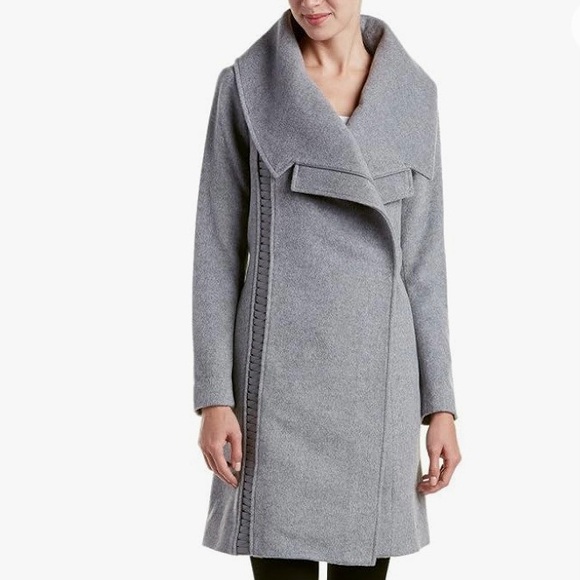 BADGLEY MISCHKA Nikki Mid Length Italian Cashmere Wool Leather Braid Coat XL - Picture 1 of 16